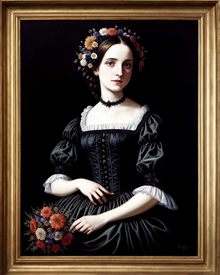 02164-1918037059-gothic woman baroque painting with black flowers in the background hyper realistic ethereal beautiful.png